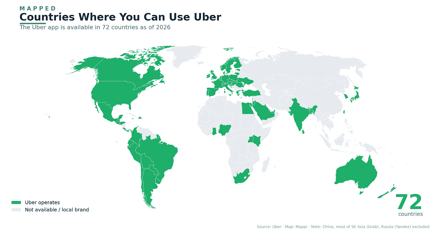 World map of the 72 countries where Uber operates in 2026 World map of the 72 countries where Uber operates in 2026