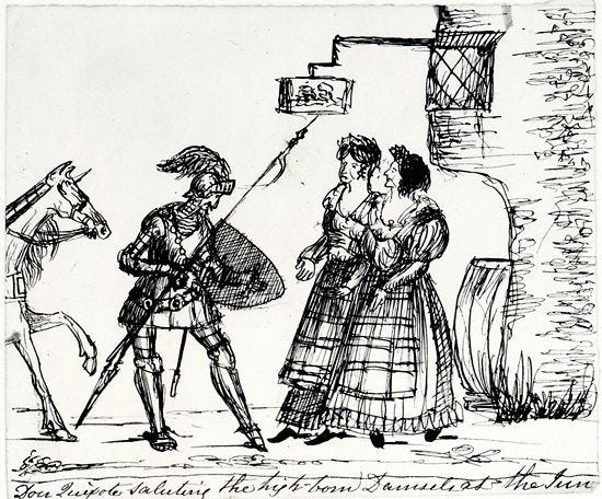 Don Quixote Saluting the high-born Damsels at the Inn