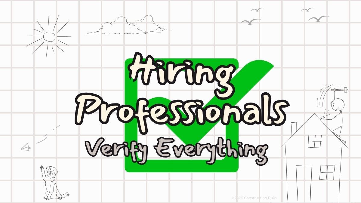 Hiring Professionals Checklist - Verify Everything before signing anything. Blueprint background with green verification shield.