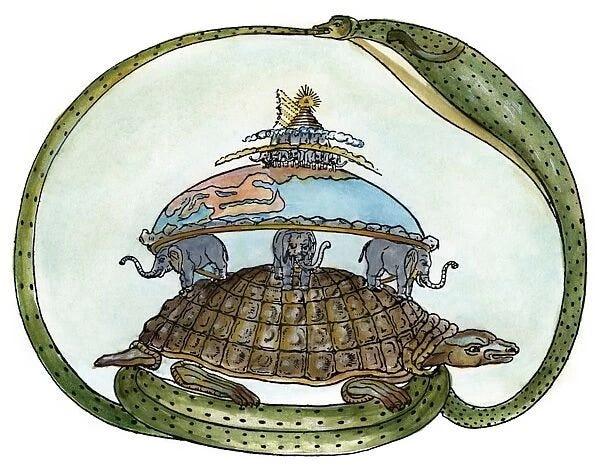 Showing the tortoise, Akupara, supporting elephants upon which the earth rests, enclosed by the world-serpent, Asootee. Drawing from an ancient Hindu ceramic