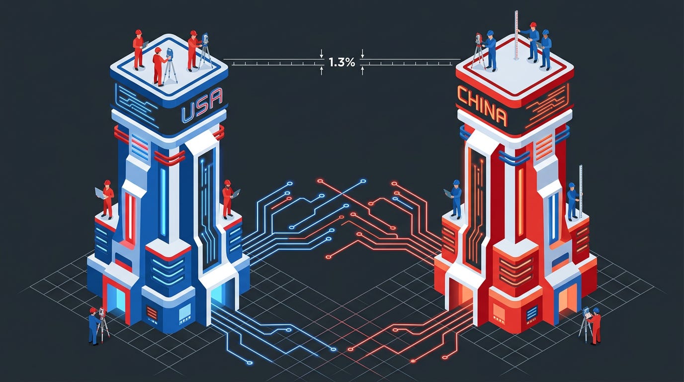 Flat isometric illustration of two enormous AI towers representing the US and China standing almost perfectly level, a tiny "1.3%" gap between their tops, glowing circuit patterns connecting the two towers, small engineers measuring the distance with surveying equipment, dark charcoal background, clean vector art style, bold red, blue and white color palette, modern geopolitical technology editorial aesthetic Flat isometric illustration of two enormous AI towers representing the US and China standing almost perfectly level, a tiny "1.3%" gap between their tops, glowing circuit patterns connecting the two towers, small engineers measuring the distance with surveying equipment, dark charcoal background, clean vector art style, bold red, blue and white color palette, modern geopolitical technology editorial aesthetic