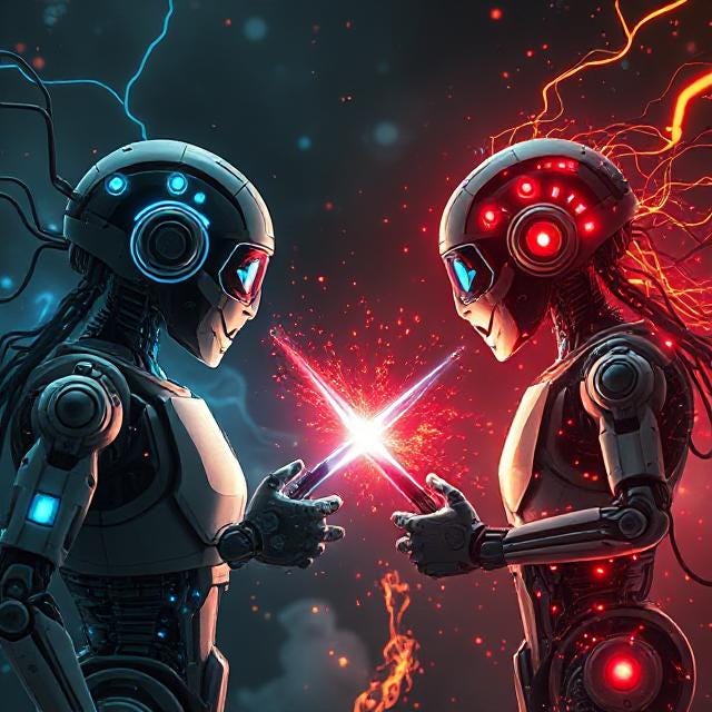 AI generated image of the battle between pro-insurance AI and pro-human beings AI in the style of a sci-fi, fantasy book cover. I kinda like it. AI generated image of the battle between pro-insurance AI and pro-human beings AI in the style of a sci-fi, fantasy book cover. I kinda like it.