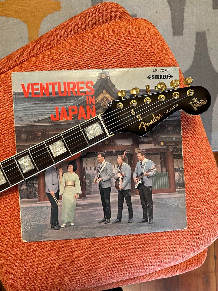 A Ventures Signature Jazzmaster model JM-165VR (Don Wilson) that came through the shop earlier this year, seen also with an original copy of 'Ventures in Japan.'