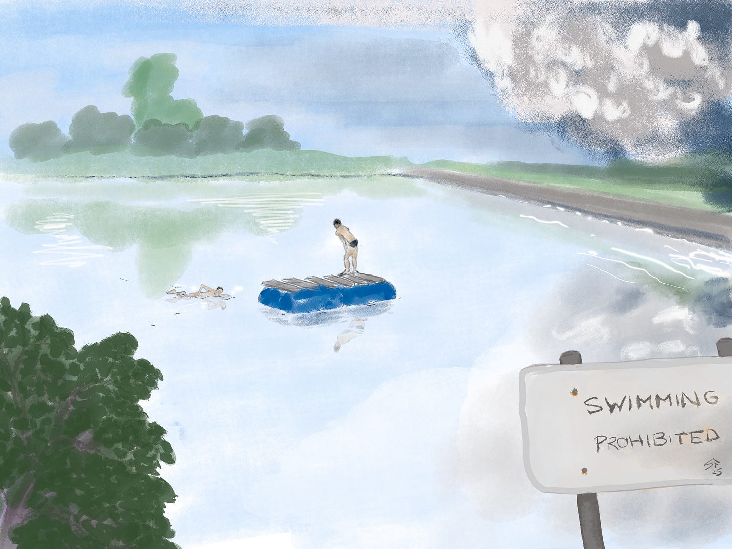 Watercolour: two boys swimming and playing on an improvised raft on a lake. In the foreground a sign 'Swimming prohibited'. A long dam wall to the right suggests that it's a reservoir. Far away to the right a storm appears to be brewing.