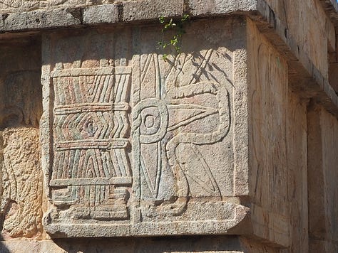 Pic one: Ivy sitting on a beach chair reading her kindle. Pic 2: Ivy in front of the Temple of Kukulcan. Pic 3: Ivy and Ryan swimming in a cenote. Pic 4: A bowl of ceviche and a spicy margarita. Pic 5: Cathedral in San Valladolid, Mexico. Pic 6: Mayan sculpture of Venus. Pic 7: Pokemon Go screenshot of Sprigatto on the beach at sunset Pic 8: View from balcony of the Marriott All Inclusive at night. Pic 9: My foot leaving footprints on the beach