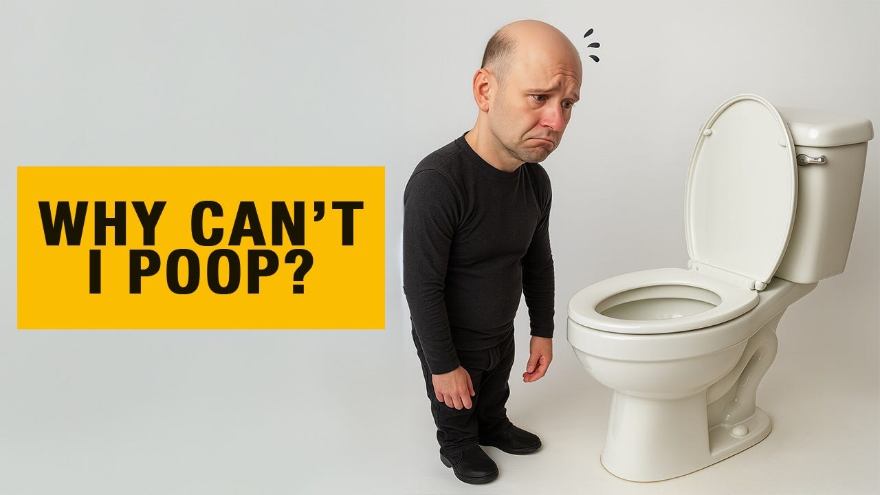 Illustration of a sad-looking man sitting beside a toilet, head in hands, with the caption "Why can't I poop?" conveying frustration over constipation.