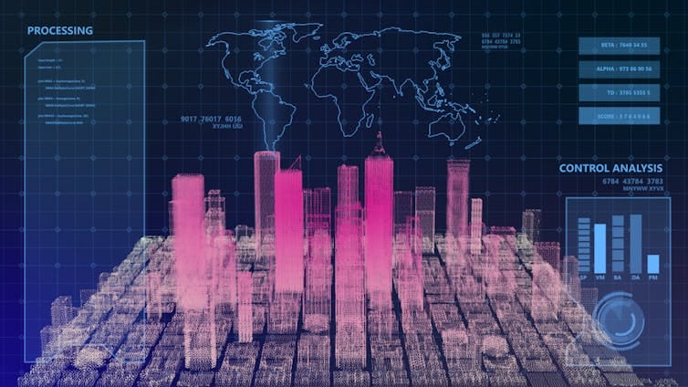 Artist concept of a futuristic city display with various stats overlaid. Artist concept of a futuristic city display with various stats overlaid.