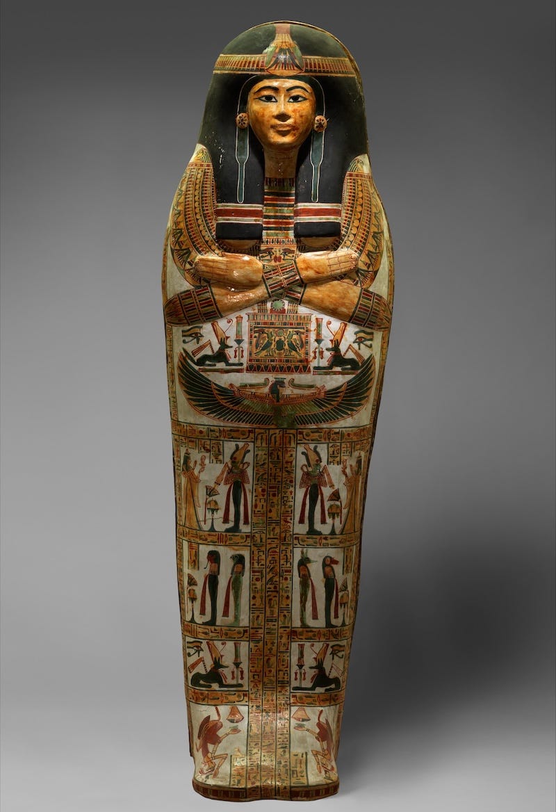 The outer coffin of Henettawy, a chantress of Amun-Re, shown here for comparison. This is not Merit's coffin, which has not been published.