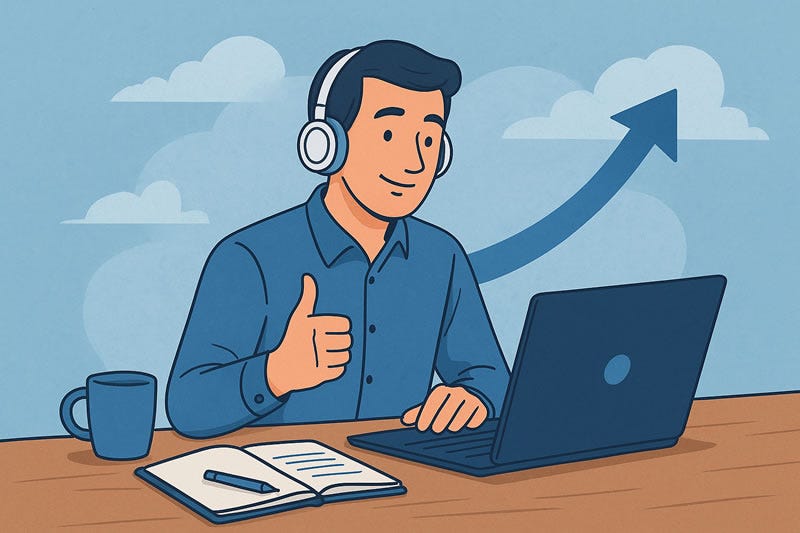 Ilustración digital en formato horizontal que muestra a un profesional frente a su portátil, con auriculares y una taza sobre el escritorio, en un entorno de tonos azules que transmite progreso, motivación y claridad para empezar a ganar dinero online aprovechando la experiencia personal.