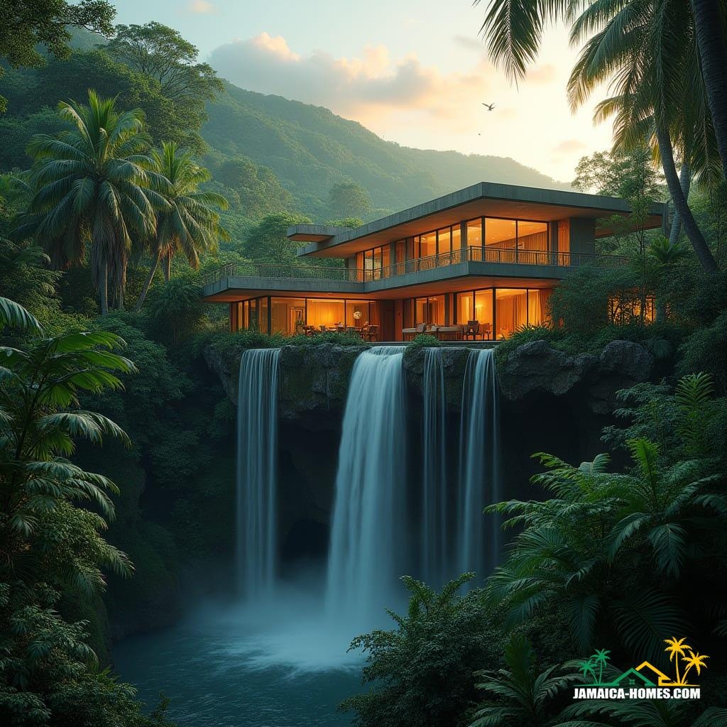 A stunning, modern, Frank Lloyd Wright-inspired Fallingwater-esque house in harmony with Jamaica's lush, vibrant tropical environment, cantilevered concrete terraces over a cascading waterfall, surrounded by dense Caribbean rainforest, teeming with exotic palm trees, ferns, and colorful flora. Natural stone, warm wood, and glowing warm lighting illuminate the structure through large glass windows, reflecting the golden light of sunset on the waterfall, creating misty, serene ambiance. Rolling green hills, soft clouds, and a deep blue sky form the background, capturing the tranquil, warm essence of the Caribbean. Shot with a cinematic aesthetic, reminiscent of Ron Fricke, Peter Bergmann, and Akira Kurosawa, with warm, dramatic, 35mm film grain, vignette, and cinematic colors, post-processed to evoke a masterpiece, atmospheric, and breathtaking scene.
