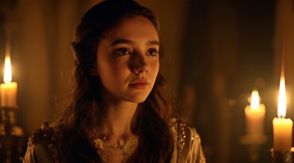 A woman with long brown hair, wearing a gold and white ornate dress, sits in a dimly lit room. Multiple lit candles are visible in the background, casting a warm glow. A necklace adorns her neck.