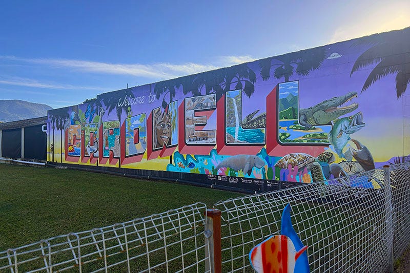 Brightly coloured mural stating ‘Welcome to Cardwell’.