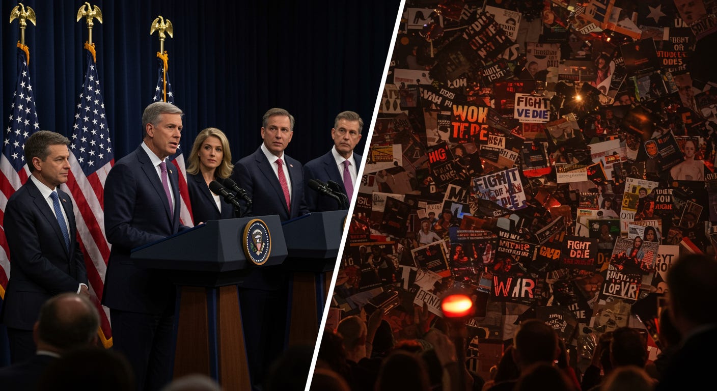 Split-screen composition contrasting measured bipartisan political statements with inflammatory social media rhetoric calling for civil war Split-screen composition contrasting measured bipartisan political statements with inflammatory social media rhetoric calling for civil war