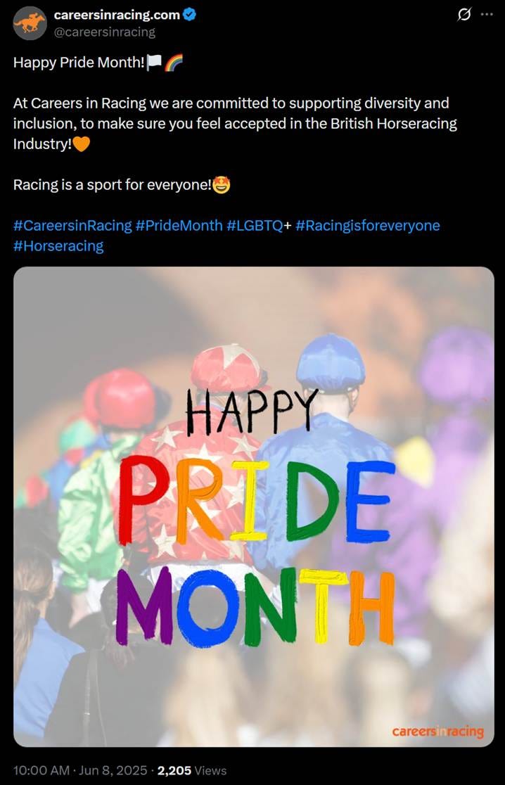 Careers In Racing tweet promoting Pride month
