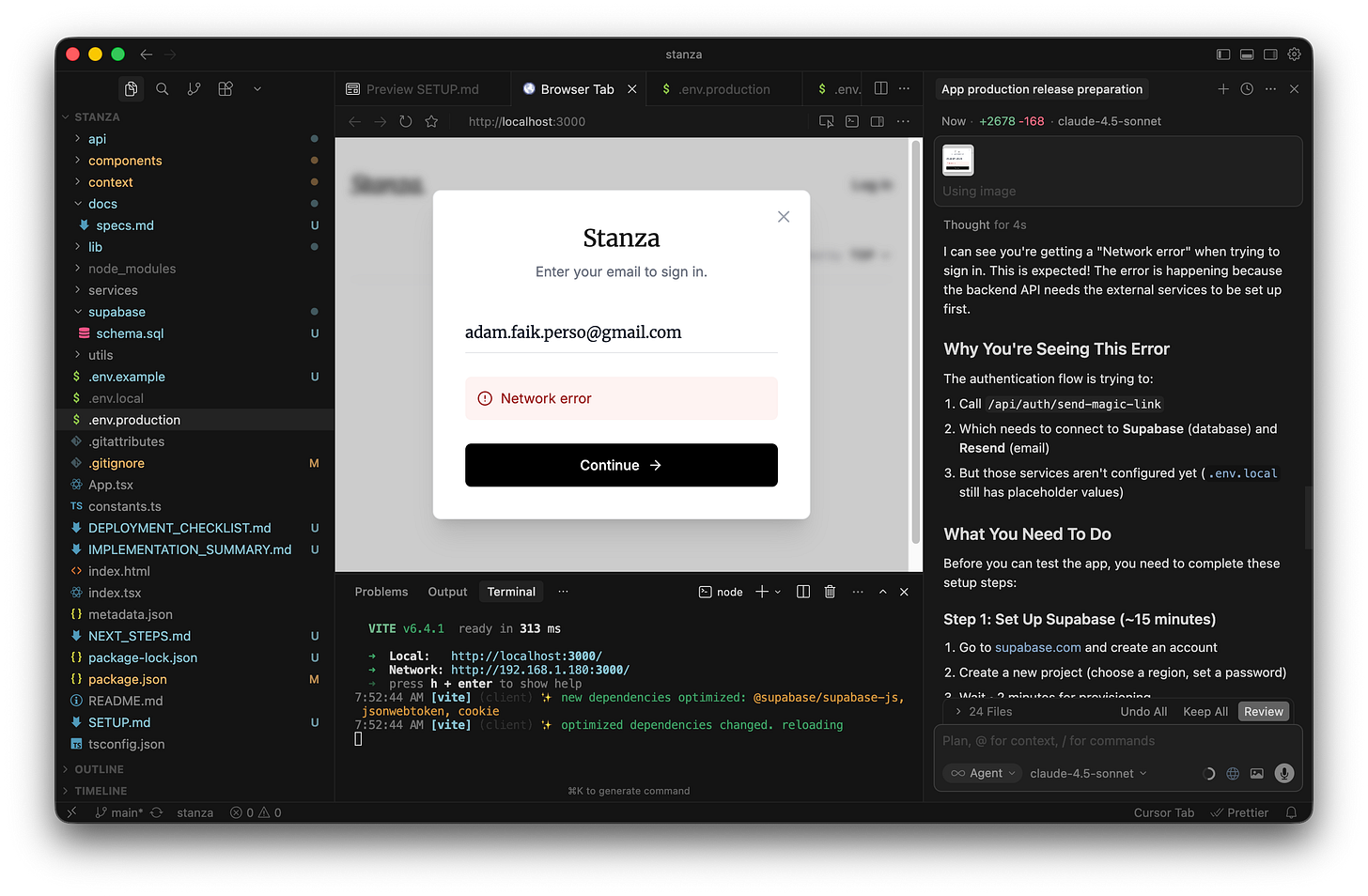 The Cursor chat panel shows an explanation stating the backend API needs external services to be set up first. The Cursor chat panel shows an explanation stating the backend API needs external services to be set up first.