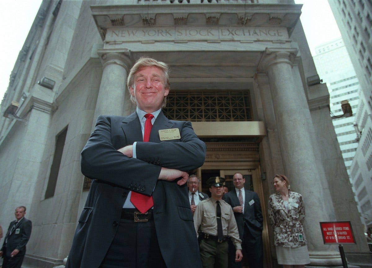 Donald Trump poses outside the New York Stock Exchange after the listing of his stock, June 7, 1995. Donald Trump poses outside the New York Stock Exchange after the listing of his stock, June 7, 1995.