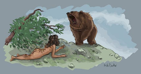 Selection of illustrations by Alfie featuring expressive drawings of nude women in varied settings, including intimate conversations, quiet contemplative moments, and imaginative scenes with plants, animals, and fantastical creatures, rendered in a soft, fluid line style with occasional watercolor tones.