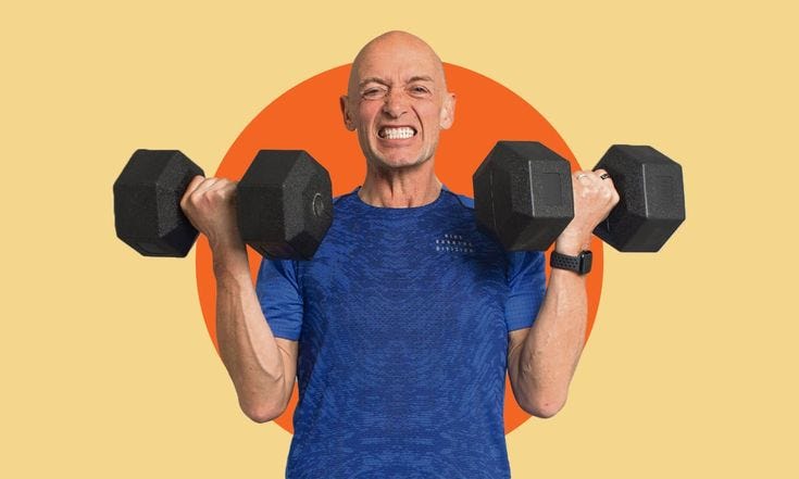 This may contain: a bald man holding two black dumbs in front of an orange circle with the sun behind him