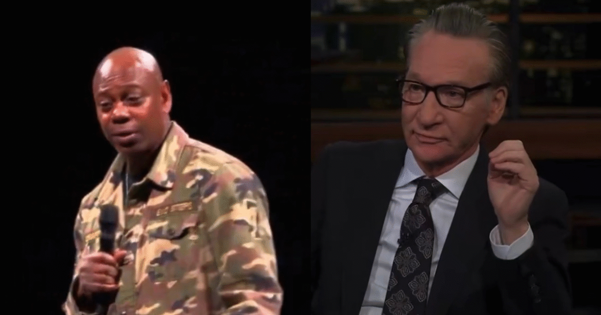 Dave Chappelle performs in a camouflage jacket while Bill Maher gestures during a discussion, highlighting their comedic styles and cultural commentary.