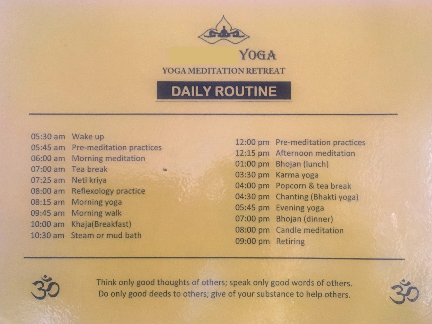 A daily schedule from a yoga retreat