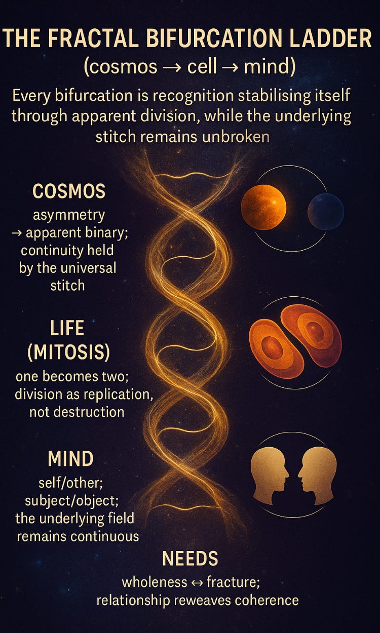 Diagram showing the Fractal Ladder of Recognition. Illustrates how apparent splits—cosmic symmetry breaking, cell division, self/other in consciousness, met/unmet needs in human life—are not ruptures but continuities. Each step shows division carrying coherence forward through recognition.
