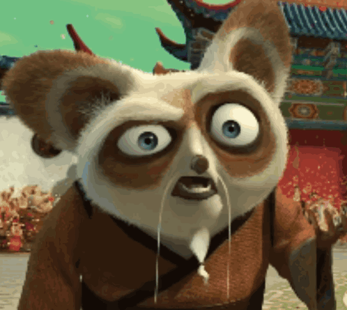 a close up of a cartoon panda with big eyes and a beard