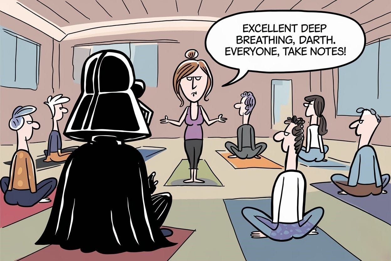 Cartoon illustration: Darth Vader sits at the back of a yoga class. In the center of the class, at the front, the female instructor says"Excellent deep breathing, Darth. Everyone, take notes!" The setting is a calm yoga studio with mats and soft lighting.