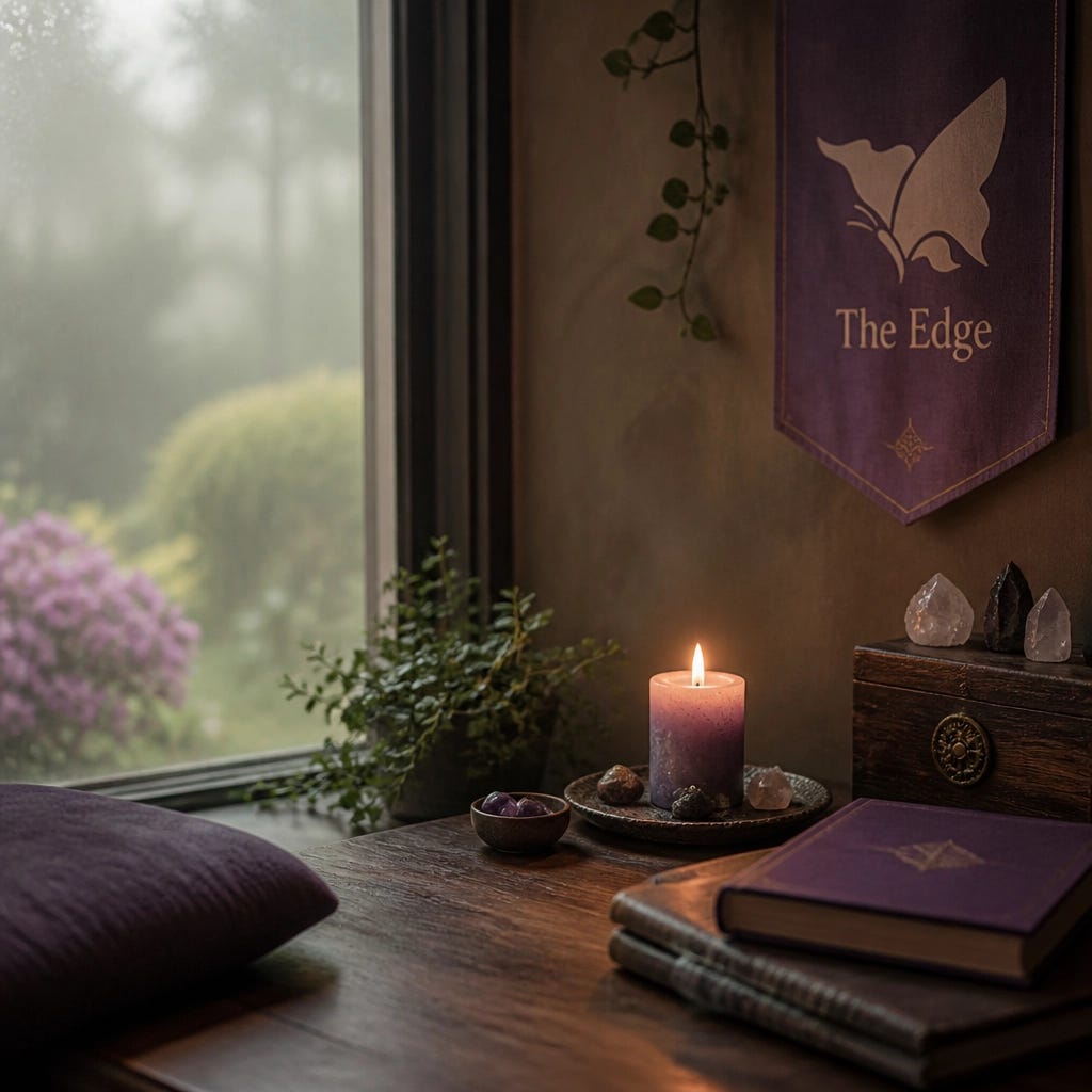 A cozy, sacred corner of a room with a soft-focus window looking out onto a misty garden