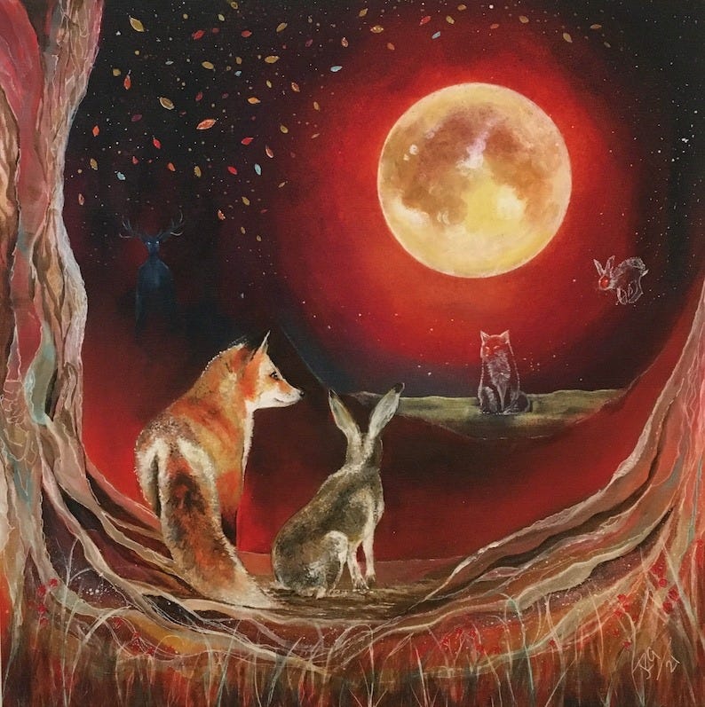 Magical Samhain Fox and Hare Print, Pagan Wheel of the Year art, Mystical Woodland Decor image 1