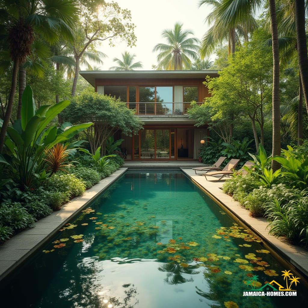 A tranquil modern home surrounded by lush, tropical plants, with a natural swimming pool at its center, showcasing a thriving ecosystem where aquatic plants and biological filters work in harmony to purify the water, in the style of Greg Miller's cinematic landscapes, with the soft, warm light of a summer afternoon, reminiscent of a Terrence Malick film, and the vivid colors of a Christopher Doyle cinematography A tranquil modern home surrounded by lush, tropical plants, with a natural swimming pool at its center, showcasing a thriving ecosystem where aquatic plants and biological filters work in harmony to purify the water, in the style of Greg Miller's cinematic landscapes, with the soft, warm light of a summer afternoon, reminiscent of a Terrence Malick film, and the vivid colors of a Christopher Doyle cinematography
