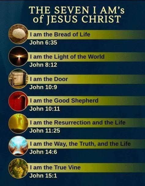 May be an image of text that says 'THE SEVEN I AM's of JESUS CHRIST I am the Bread of Life John 6:35 I am the Light of theWorld the John 8:12 am the Door John 10:9 I am the Good Shepherd John 10:11 I am the Resurrection John 11:25 I am the Way, the Truth,a John 14:6 I am the True Vine John 15:1' May be an image of text that says 'THE SEVEN I AM's of JESUS CHRIST I am the Bread of Life John 6:35 I am the Light of theWorld the John 8:12 am the Door John 10:9 I am the Good Shepherd John 10:11 I am the Resurrection John 11:25 I am the Way, the Truth,a John 14:6 I am the True Vine John 15:1'