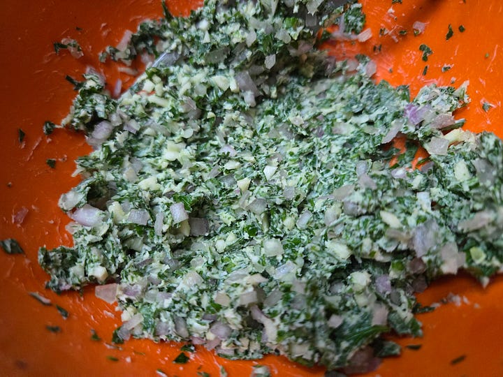 Left: a bowl with compound butter showing finely diced shallot and garlic and chopped parsley throughout. Right: a skillet with cooked scallops, and melting compound butter all around.