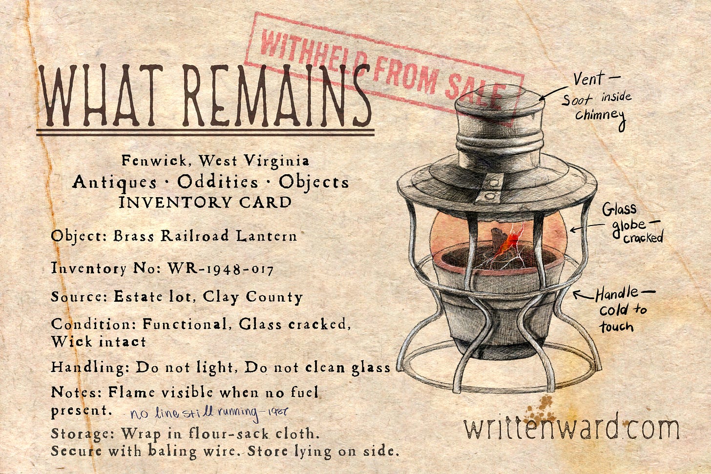 The story includes an image of an aged inventory card from What Remains in Fenwick, West Virginia. It served as documentation for a brass railroad lantern numbered WR-1948-017. The card warns not to light the lantern or clean its glass. A hand-drawn lantern whose globe glows red behind cracked glass, with annotations noting soot inside the chimney, a cold handle, and a 1987 note stating that no line is still running. The story includes an image of an aged inventory card from What Remains in Fenwick, West Virginia. It served as documentation for a brass railroad lantern numbered WR-1948-017. The card warns not to light the lantern or clean its glass. A hand-drawn lantern whose globe glows red behind cracked glass, with annotations noting soot inside the chimney, a cold handle, and a 1987 note stating that no line is still running.