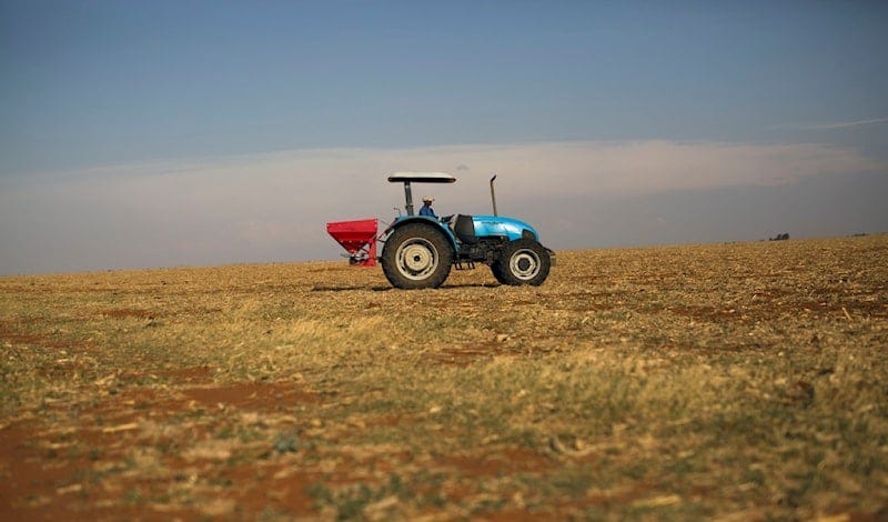 A farm employee spreads fertilizer on the farm of John Rankin, a commercial farmer producing Maze and Corn on an industrial level, in Gerdau, North West province, South Africa, Nov. 19, 2018. (AP) A farm employee spreads fertilizer on the farm of John Rankin, a commercial farmer producing Maze and Corn on an industrial level, in Gerdau, North West province, South Africa, Nov. 19, 2018. (AP)