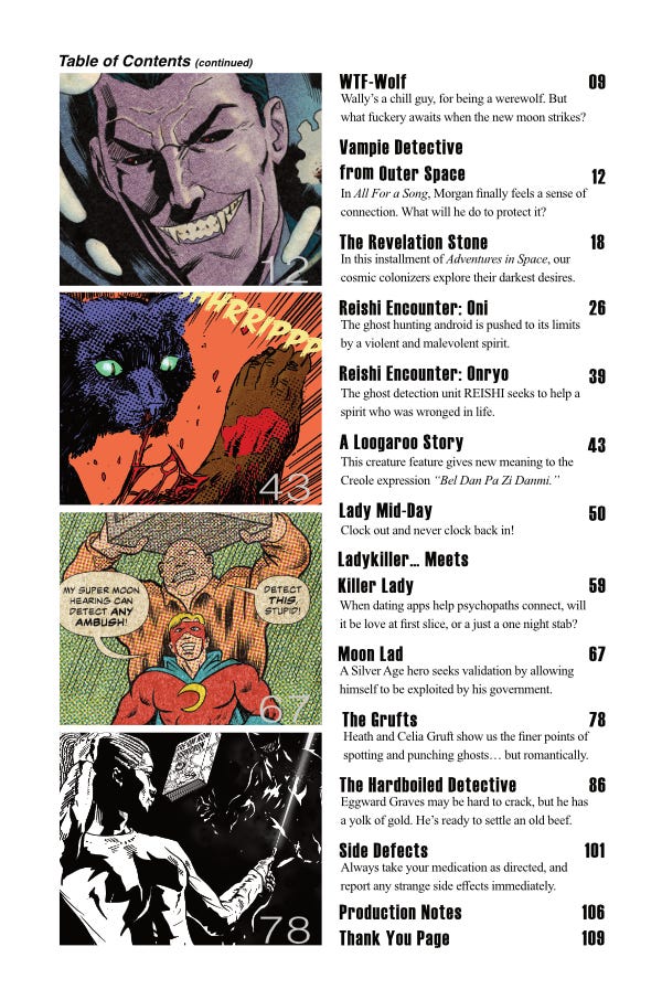 table of contents pulp oddities comic anthology magazine, lady midday, noon witch, poludnista, monster guide, Miyagawa Masato, YOKIKEN, REISHI, Space Attorney, Flargle Snorpledork, Appalachian Code, crime horror science fiction Loogaroo, Moon Lad, The Grufts, Hardboiled Detective, table of contents pulp oddities comic anthology magazine, lady midday, noon witch, poludnista, monster guide, Miyagawa Masato, YOKIKEN, REISHI, Space Attorney, Flargle Snorpledork, Appalachian Code, crime horror science fiction Loogaroo, Moon Lad, The Grufts, Hardboiled Detective,