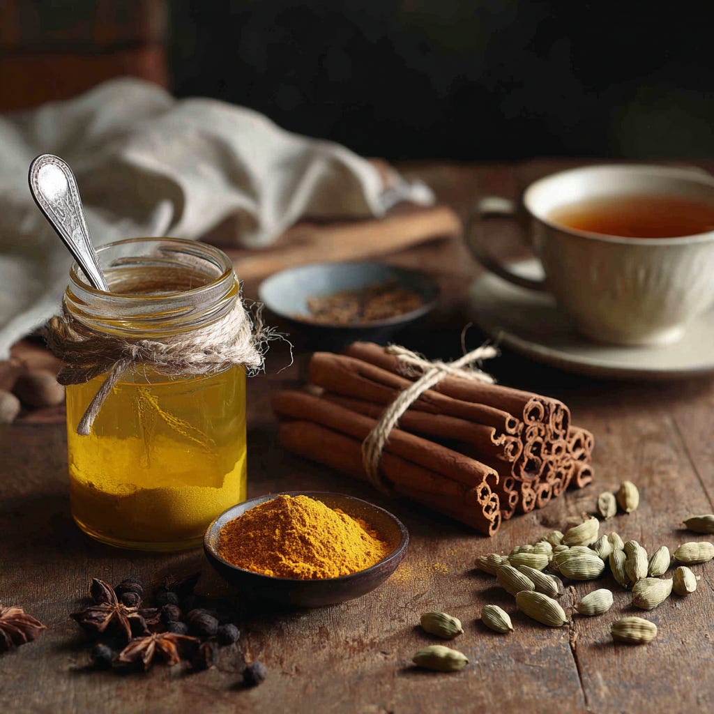 warm wooden table mindfully holding tea and nourishing spices: turmeric in a glass jar with a spoon in it, some in a mis-en-place, bundled cinnamon sticks, cardamom pods, clove seeds, they are used with care, dim lighting