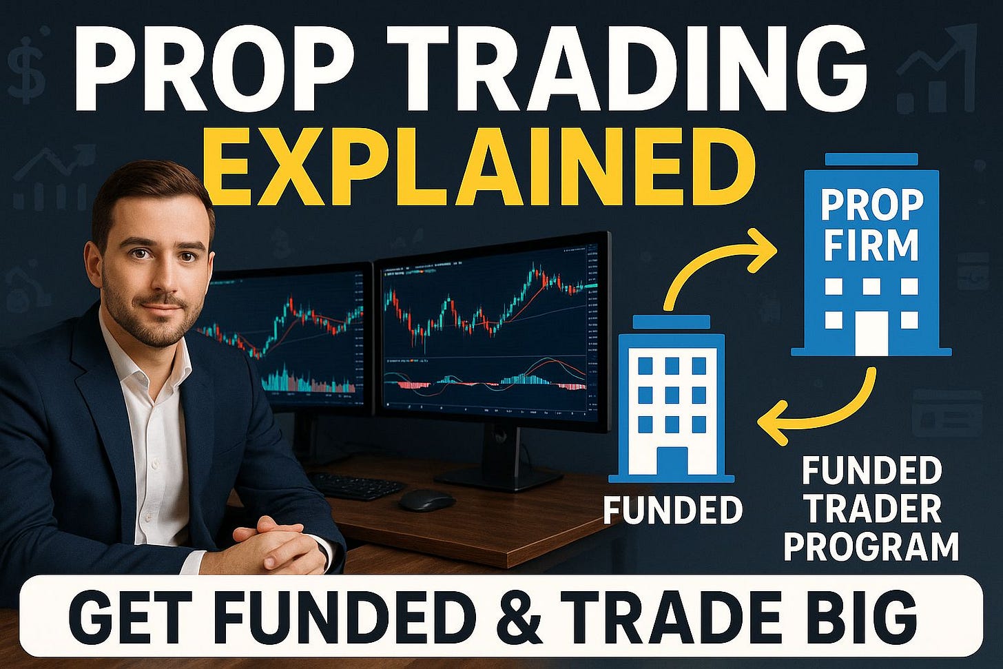 A man sitting at a trading desk with dual monitors showing charts, next to a diagram explaining how funded trader programs connect traders with prop firms.