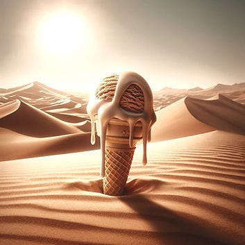 An ice cream cone melting in the desert