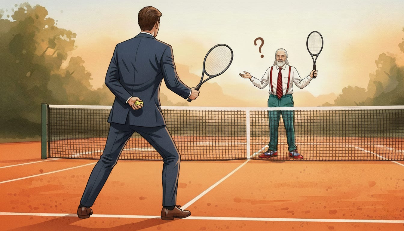 A man in a suit holds a tennis ball hidden behind his back while keeping his racquet ready, facing an older man across the net in suspenders, tie, and colorful shoes. The older man shrugs with a racquet in one hand and a question mark floating above his head, symbolizing “hiding the ball” in court. A man in a suit holds a tennis ball hidden behind his back while keeping his racquet ready, facing an older man across the net in suspenders, tie, and colorful shoes. The older man shrugs with a racquet in one hand and a question mark floating above his head, symbolizing “hiding the ball” in court.