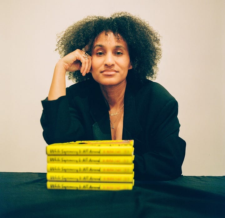 Left picture is of Dr. Akilah with long, blond braids, Black skin looking wistfully away from the camera. To the right is Dr. Cadet sitting with her right fist holding her right cheek. She has black hair and is wearing a black suit jacket in front of a stack of 4 of her memoir.