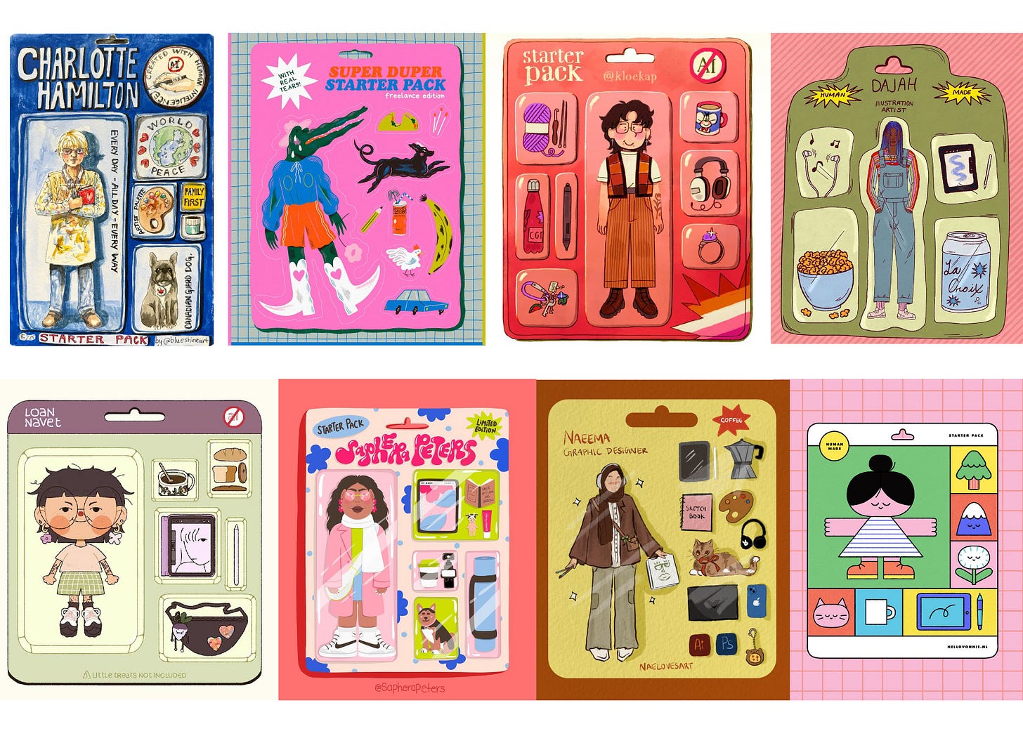 A collage of illustrated action figure-style starter packs created by various artists in the creative community. Each pack features a stylized cartoon character and items that represent their personality or profession, such as sketchbooks, headphones, coffee, clothing, pets, and tools of the trade. The designs are colorful, playful, and full of character, celebrating individuality and artistic expression. A collage of illustrated action figure-style starter packs created by various artists in the creative community. Each pack features a stylized cartoon character and items that represent their personality or profession, such as sketchbooks, headphones, coffee, clothing, pets, and tools of the trade. The designs are colorful, playful, and full of character, celebrating individuality and artistic expression.