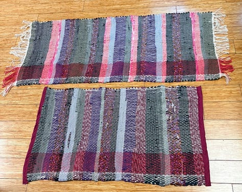 Pictures of a table top heddle loom in various stages, and the final rugs