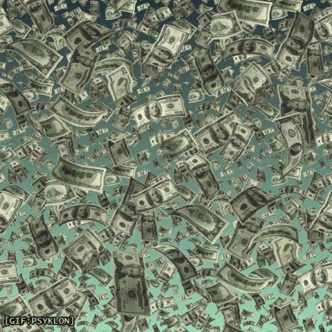 US bills falling from the sky in front of green background