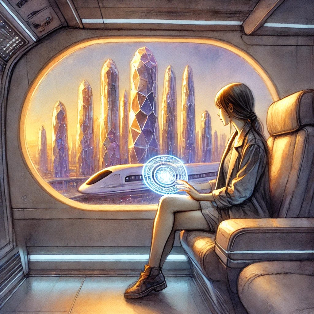 A soft watercolor painting of a futuristic scene inside a self-driving maglev train. A young woman is seated, her fingers drumming anxiously on her thigh, illuminated by the faint glow of a holographic notification screen in front of her. Outside the train’s sleek windows, the crystalline towers of New Haven Commune rise high, their surfaces reflecting the golden hues of the setting sun in intricate fractal patterns. The mood is introspective and slightly tense, with warm tones blending into cool futuristic blues and purples.