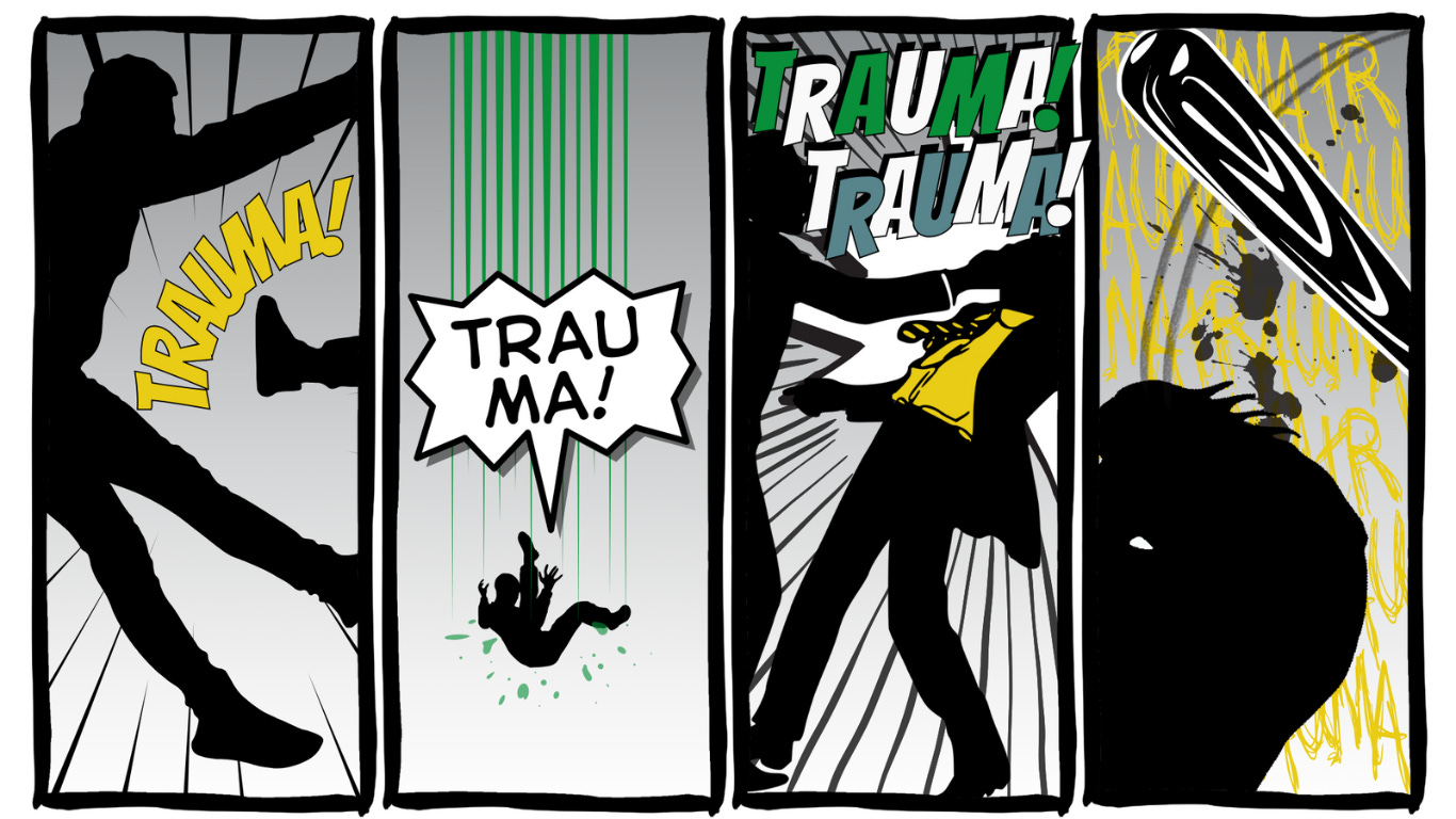 A four-panel comic strip in black and white with hints of yellow, blue, and green. It shows a man getting kicked, falling to his death, getting punched, and being bludgeoned with a bat, with each panel having the word “trauma!” A four-panel comic strip in black and white with hints of yellow, blue, and green. It shows a man getting kicked, falling to his death, getting punched, and being bludgeoned with a bat, with each panel having the word “trauma!”