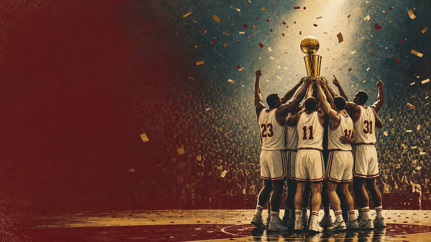 Ogilvy-style championship celebration illustration with bold color and empty headline space. Ogilvy-style championship celebration illustration with bold color and empty headline space.