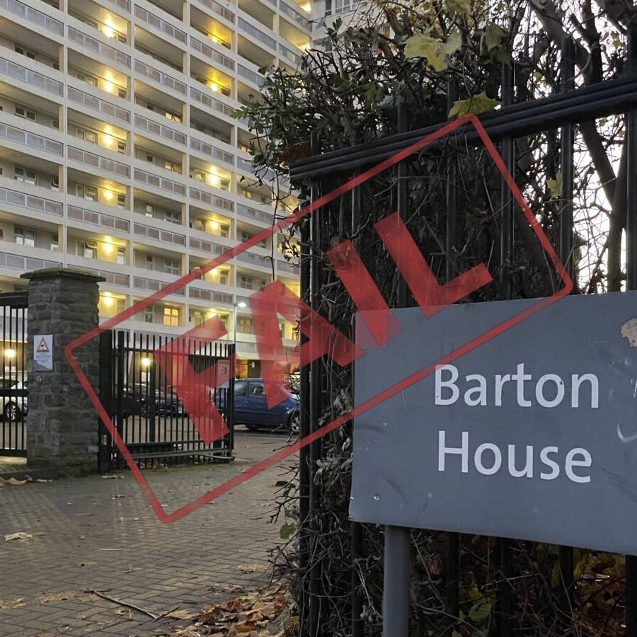 Photograph of the entrance to Barton House tower block in Barton Hill, Bristol, with a red 'FAIL' rubber stamp overlaid, illustrating Bristol City Council's handling of the Barton House evacuation review. www.thealmightygob.com Photograph of the entrance to Barton House tower block in Barton Hill, Bristol, with a red 'FAIL' rubber stamp overlaid, illustrating Bristol City Council's handling of the Barton House evacuation review. www.thealmightygob.com