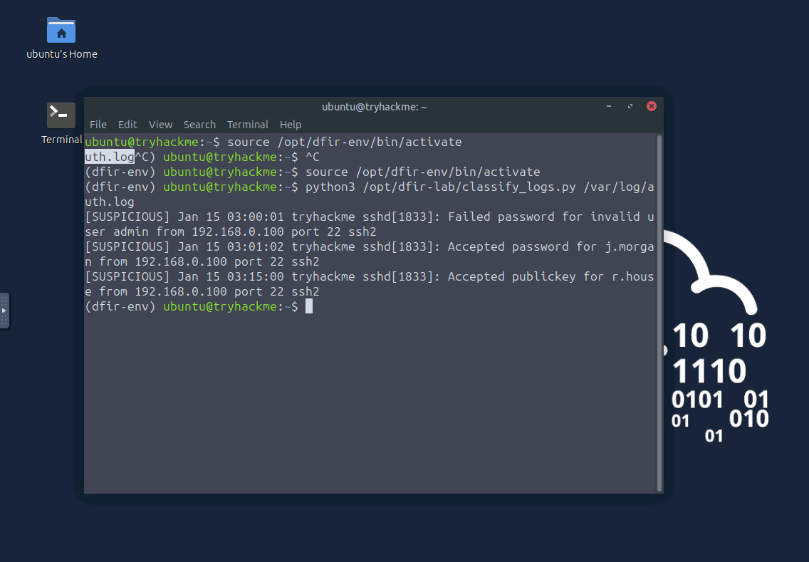 Running the classify_logs.py AI script to identify suspicious activity in auth.log.