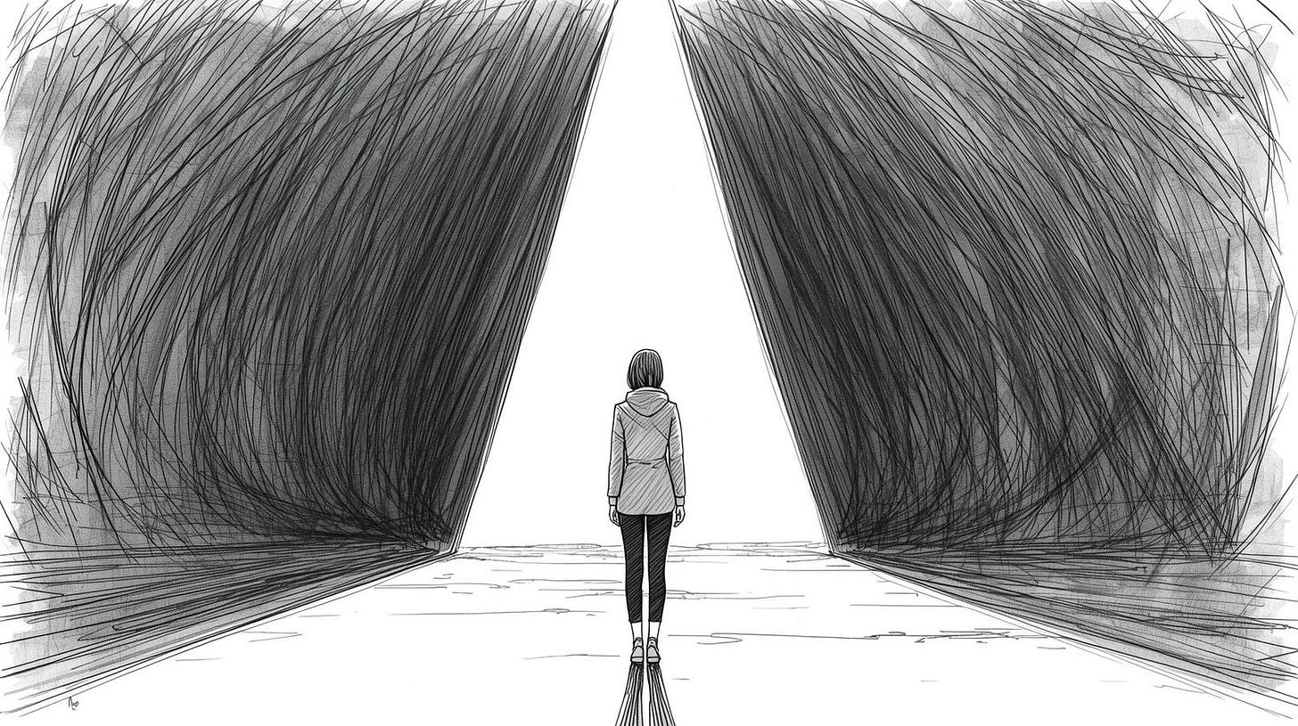 Person in tunnel seeing only steps ahead while branching paths disappear into darkness