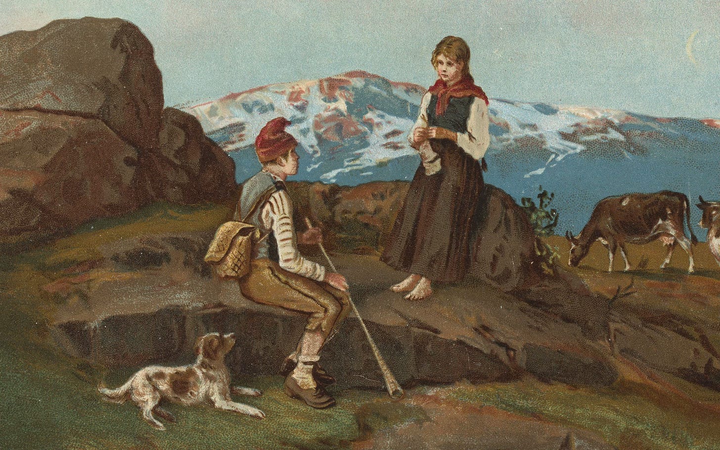 Coloured print depicts a mountain scene with a boy and girl conversing. Dog by their side, cows in the background Coloured print depicts a mountain scene with a boy and girl conversing. Dog by their side, cows in the background